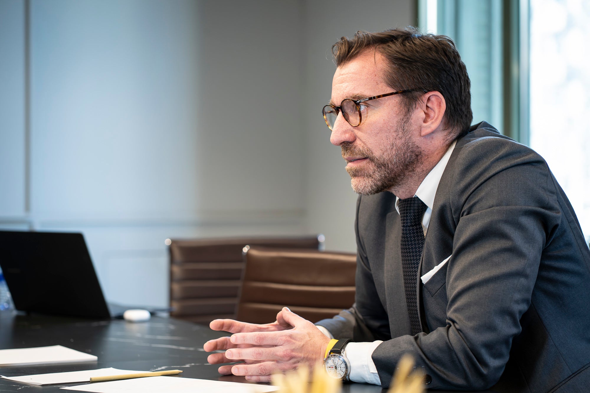 Marc Ciria, precandidat a les eleccions a la presidència del Barça, durant la seva entrevista amb Món Esport | Mireia Comas