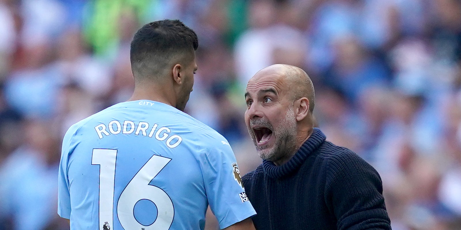 Rodri i Pep Guardiola, durant un partit del Manchester City | Europa Press