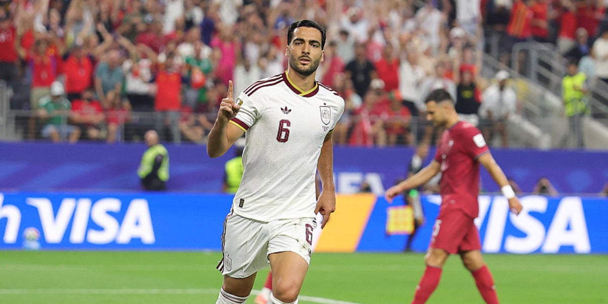Mikel Merino, celebrant el seu gol durant el Portugal-Espanya del Mundial 2026 | FIFA