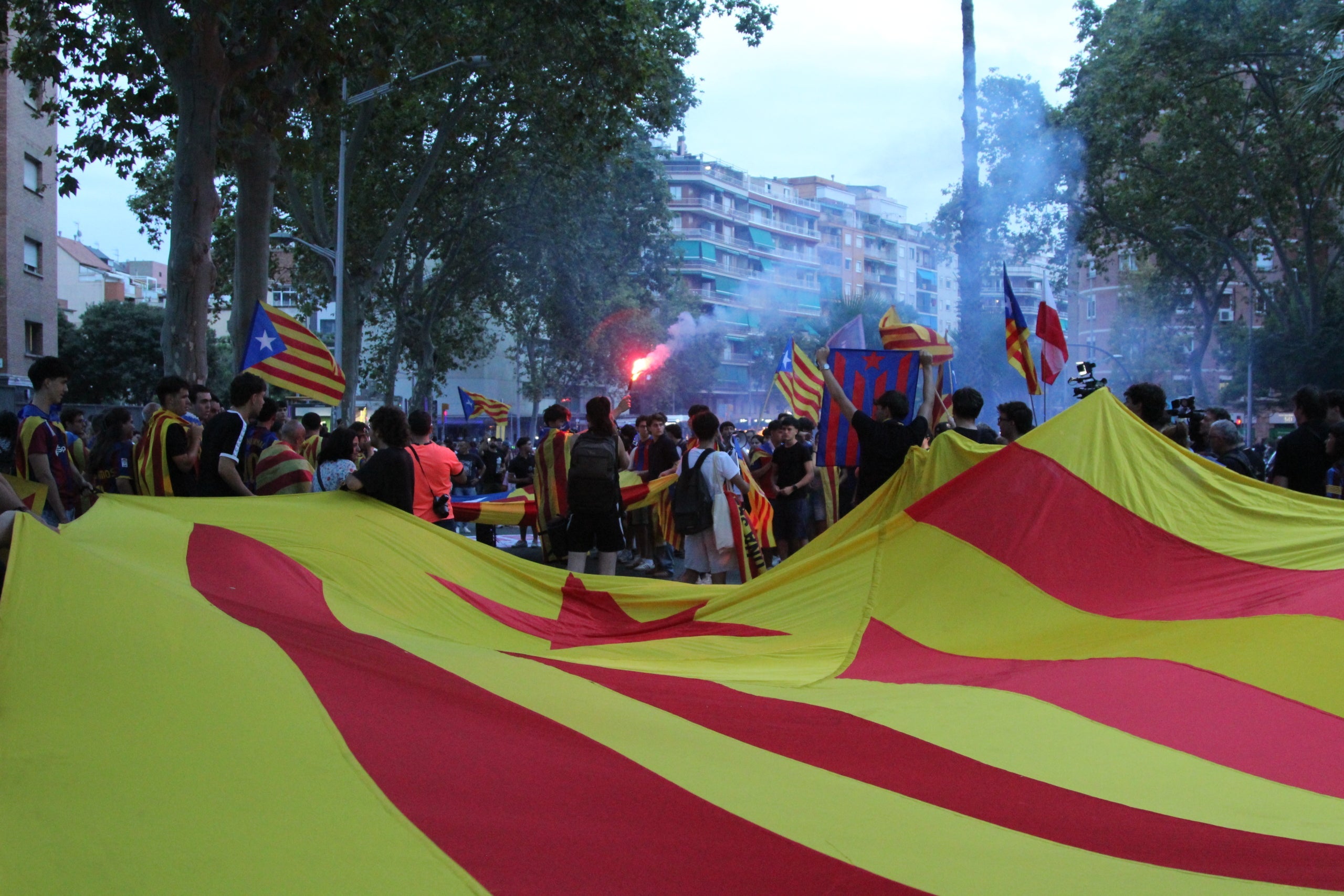 Una estelada gigante que llevaba un grupo de culés antes del partido del Barça con Athletic Club en el Camp Nou tras los hechos de Elche / A.R.
